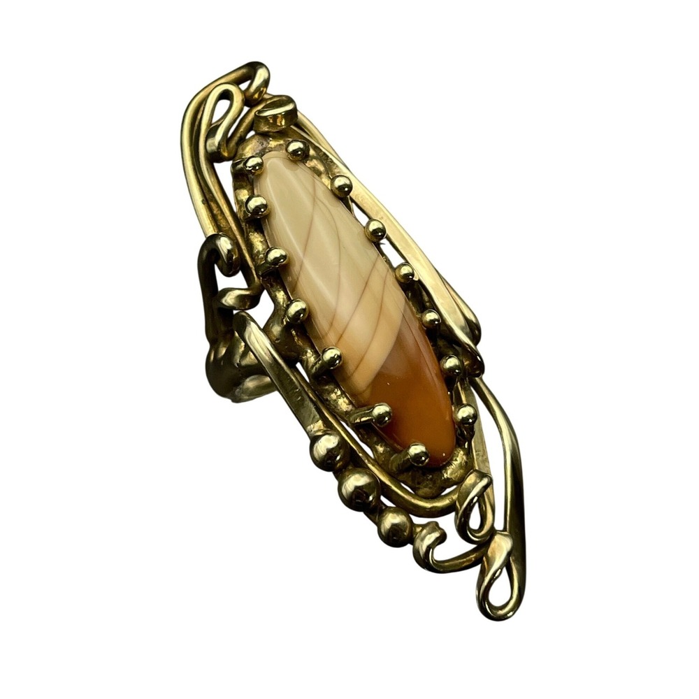 Vintage Large‎ Brass Stone Ring Mid-Century Studio Brutalist Statement Ring